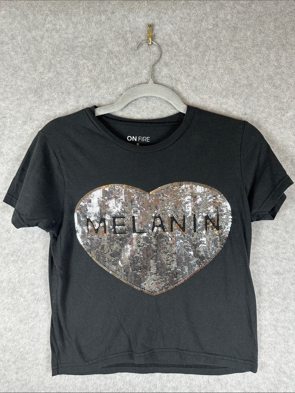 On Fire Black Cropped Tee with Silver Sequin Melanin Heart Women's Size S